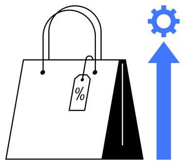 Yüzde etiketli alışveriş torbası, yükselen mavi ok ve satış büyümesini, perakende stratejisini, e-ticareti, indirim pazarlamasını gösteren vites simgesi. İş, planlama, yenilik analizi satışları için ideal