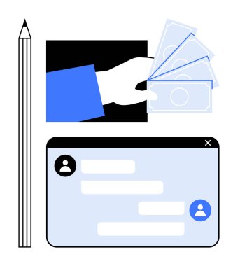 Para değişimi, mesajlaşma penceresi ve finans, iletişim ve tasarımı sembolize eden bir kalem. Bankacılık, ödeme, e-ticaret, ticari serbest dijital etkileşim için ideal
