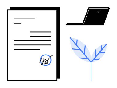 İmza, dizüstü bilgisayar ve yaprak içeren belgeler dijital anlaşmaları, ekolojik bilinci ve yeniliği sembolize ediyor. Kontratlar, sürdürülebilirlik, uzak çalışma, teknoloji minimalizmi e-imzaları için ideal