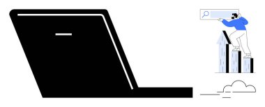 Elinde arama çubuğu tutan bir adamın bulunduğu dev bir dizüstü bilgisayar büyümeyi, teknolojiyi, analizi, yeniliği, stratejiyi, ticareti simgeliyor ve basit bir dairede fırsatları arıyor.