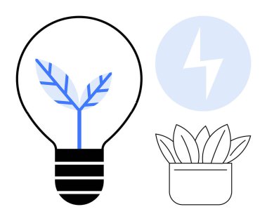 Yeşil enerjiyi, elektrik cıvatasını ve saksı bitkisini sembolize eden bir yaprak içeren ampul. Sürdürülebilirlik, ekoloji, yenilenebilir güç, temiz enerji, yenilikçi doğa büyümesi için idealdir. Basit düz