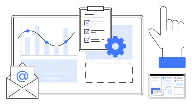Çizgi çizelgesi ve bar tablosu olan grafikler, kontrol listesi, çark, e-posta zarfı ve UI bileşenleri olan panolar. Veri yönetimi, üretkenlik, iletişim, analitik optimizasyon planlaması için ideal