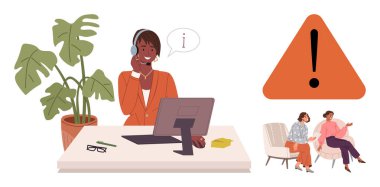 Masasında kulaklığı ve bilgisayarı olan bir kadın var. Yakınlarda büyük bir uyarı işareti var. İki müşteri bekliyor. Müşteri hizmetleri, yardım masası, iletişim, problem çözme, rehberlik için ideal