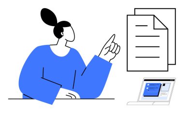 Rapor arayüzü olan belgeleri ve bilgisayarı gösteren bir kadın. Uzaktan çalışma, planlama, eğitim, içerik değerlendirmesi, dijital araçlar, organizasyon ve üretkenlik temaları için ideal. Basit düz