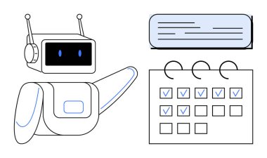 Tamamlanmış görevleri ve konuşma baloncuğu olan bir kontrol listesine bakan robot asistan. Otomasyon için ideal, üretkenlik, zaman yönetimi, teknoloji, organizasyon, planlama, basit düz metafor