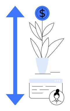 Dijital kullanıcı profilinin yanında gelişmeyi ve potansiyeli sembolize eden dikey bir okla geliştirilmiş, para üstü büyüyen saksı bitkisi. Finans, büyüme, başarı, yatırım, hedefler, kalkınma için ideal