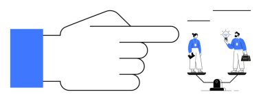 Eşit dengeli ölçekte iki çalışanın elinde nesneler olduğunu gösteren el çizgileri. Karar verme, eşitlik, denge, liderlik, adalet, iş gücü, iş stratejisi için idealdir. Basit düz