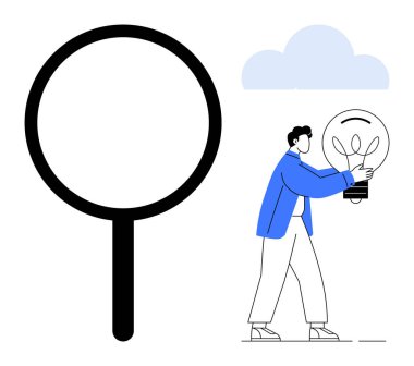 Büyüteç yanında ampul taşıyan bir adam ilerleme ve problem çözmeyi temsil ediyor. Araştırma, yenilik, yaratıcılık, odaklanma, analiz, keşif fikirleri için idealdir. Basit düz