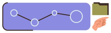 Bağlantılar gösteren çizgi grafiği, açık klasör, işaret eden el. Analiz, proje planlaması, veri örgütü, iş akışı yönetimi, strateji, işbirliği için ideal basit düz metafor