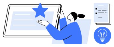 Kişi, elinde belge tutarken yıldız simgesinin yer aldığı büyük tabletle etkileşime girer. Yenilik, yaratıcılık, veri, sunum, takım çalışması, ürün özetleri, basit iniş sayfası için ideal