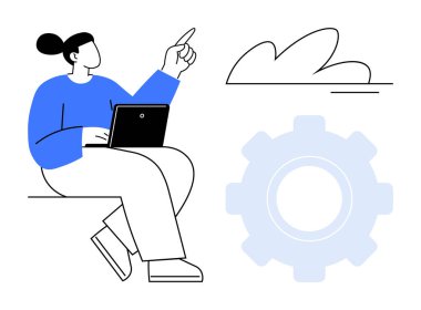 Bir dizüstü bilgisayar üzerinde çalışan biri, bulut ve büyük teçhizata bakıyor. Takım çalışması, teknoloji, yenilik, iş akışı, bulut hesaplama, verimlilik iletişimi için ideal. Basit düz metafor