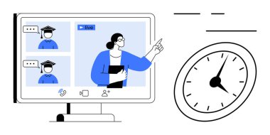 Öğretmen ve öğrenciler zaman yönetimini temsil eden bir ekranda sanal sınıfa giriyorlar. Eğitim, uzaktan çalışma, iletişim, organizasyon, takım çalışması, zaman izleme, bilgi