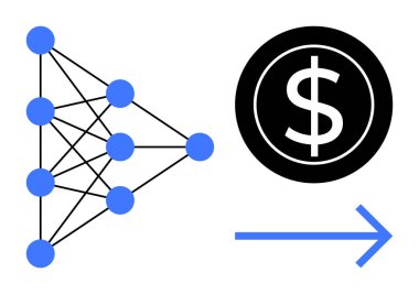 Birbirine bağlı düğümleri olan sinirsel ağ grafiği karı temsil eden bir dolar işareti ve ilerlemeyi ya da dönüşümü sembolize eden bir ok ile birlikte. Teknoloji, finans, yapay zeka, yenilik ve makine için ideal