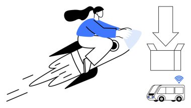 Roketin üstünde uçan kadın karakter gelişimi temsil ediyor. İndirme kutusu ve bağlı akıllı otobüsle teknolojik gelişimin sembolleri. Yenilik, hız, dağıtım, gelecekteki hareketlilik için ideal