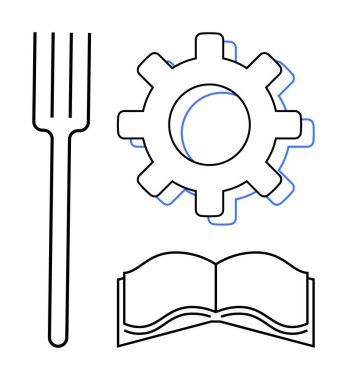 Çatal, dişli ve açık kitap endüstriyel süreçleri, bilgiyi ve yeniliği simgeliyor. Eğitim, teknoloji, araştırma işbirliği çözümleri keşif ve ilerleme için idealdir. Basit düz