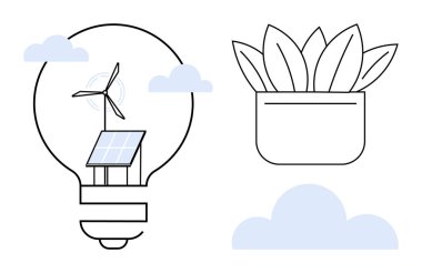 Rüzgar türbini ve güneş paneli olan ampul, yakınlarda saksı bitkisi, yüzen bulutlar. Sürdürülebilirlik, çevre dostu yenilik, yeşil enerji, yenilenebilir kaynaklar, temiz teknoloji, çevre