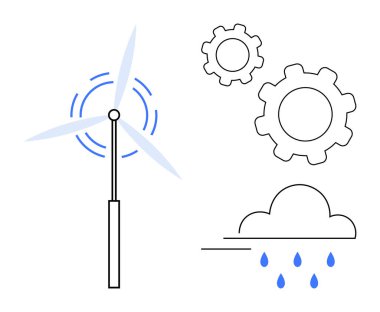 Dönen bıçaklı rüzgar türbini yağmur damlalı bulut ve mekanik vitesler. Sürdürülebilirlik, yenilenebilir enerji, mühendislik, çevre, iklim, yenilik ve basit iniş sayfası için ideal