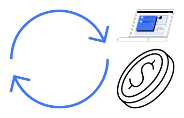 Mavi dairesel oklar, finansal arayüzü gösteren dizüstü bilgisayar ve bozuk para. Finans, dijital işlemler, çevrimiçi bankacılık, kripto para birimi, ödeme süreci, fintech ve ekonomik takas için ideal