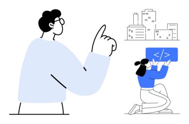 Bir kodlamada işbirliği yapan iki birey ve yenilikçi fikirleri işaret eden başka bir birey. Şehir inşaatı. Takım çalışması, kodlama, yenilik, işbirliği, yazılım, kentsel planlama için ideal