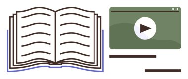 Bir çalma düğmesi içeren yeşil bir video oynatıcı ekranın yanında görünür sayfalar olan kitabı aç. Eğitim, öğrenme, e-öğrenme, eğitim, melez öğrenme, okur yazarlık ve multimedya için ideal. Basit düz