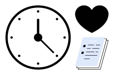 Tikleyen elleri, kara kalbi ve kabarık dökümanı olan saat zamanı, özeni ve görevleri vurguluyor. Zaman yönetimi için ideal, verimlilik, verimlilik, denge sorumluluk öncelikleri basit düz