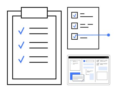 İşaretli kontrol listesi, kağıt formu, görev takibi için arayüz penceresi. Üretkenlik, organizasyon, planlama, iş akışı, proje tamamlama görev öncelikleri için idealdir. Basit.