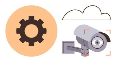 Güvenlik kamerası bir teçhizat ve bulutun yanındaki bir hedefe odaklanıyor. Gözetleme, bulut depolama, sistem yapılandırması, gerçek zamanlı izleme, güvenlik, mahremiyet ve teknolojiyi simgeliyor.