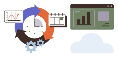 Saatin etrafında çarklar, çizelgeler ve takvim simgeleri olan döngüsel oklar, grafikli tarayıcı penceresi ve bulut şekli. Üretkenlik, analiz, zaman izleme, planlama, bulut hesaplama iş akışı için ideal