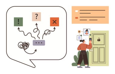 Soyut yollar sorgulamaya, ünlenmeye ve akıllı bir kapının kilidini açan çapraz sembollü kadına götürür. Karar verme, seçim, beyin fırtınası, kafa karışıklığı, siber güvenliğe meydan okuma için ideal. Basit.