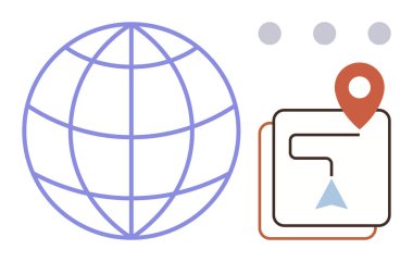 Dünya çapındaki bağlantıyı sembolize eden dünya ana hatları, konum belirleyicisi ve rota planlama için okları olan haritalar. Küresel seyahat, GPS izleme, lojistik, hareketlilik, navigasyon, bağlantı, basit