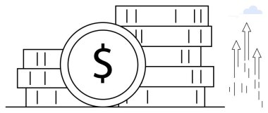 Odaklı ve yukarı doğru ok işaretli bozuk para yığınları büyümeyi, başarıyı ve finansal gelişmeyi gösteriyor. Yatırım, ekonomi, kâr, iş, tasarruf, başarı finansman temaları için ideal