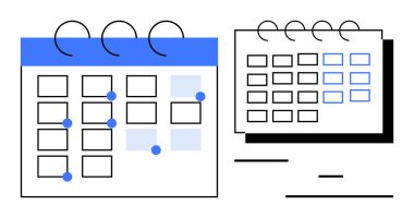Vurgulanmış tarihli ve zaman yönetimini temsil eden minimalist dizaynlı spiral takvimler. Üretkenlik, programlama, etkinlikler, planlama, teslim tarihleri, organizasyon, basit iniş sayfası için ideal