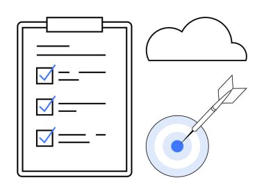 İşaretli görevleri olan kontrol listesi, soyut düşünme için bulut ve başarıyı simgeleyen oku olan hedef. Üretkenlik, planlama, hedef belirleme, başarı, organizasyon, başarı projesi için ideal