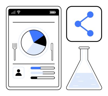 Akıllı telefon ekranı görüntüleme grafiği, kullanıcı ilerleme çubukları, beslenme simgeleri, artı bilim deney şişesi ve ağ diyagramı. Sağlık izleme, veri izleme, teknoloji, araştırma ve eğitim için ideal