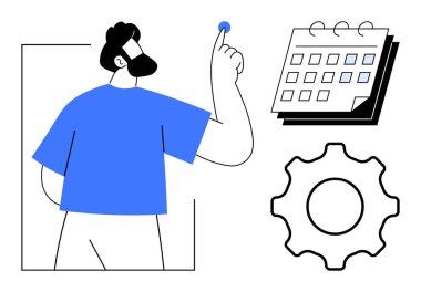 Takvimde tarihi gösteren kişi, verimliliği sembolize eden dişli, sistem organizasyonu. Zaman yönetimi, iş akışı, planlama, proje yönetimi, verimlilik, görev denetimi için ideal