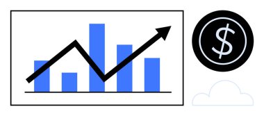 Artan grafiği ve artan trend çizgisi olan veri tablosu, siyah çemberde dolar işareti, minimum bulut çizgisi. Finans, yatırım, bütçe, analitik, karlılık, büyüme için ideal