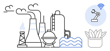 Bacaları duman çıkaran fabrika binaları, robotik otomasyon kolu ve ekolojik bilinç üretimini sembolize eden yeşillik. Endüstri, teknoloji, sürdürülebilirlik, yapay zeka, enerji, çevre için ideal