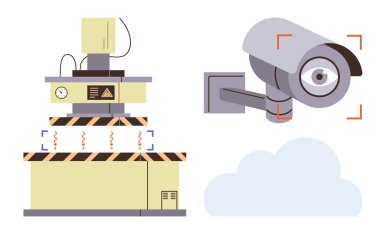 Güvenlik kamerası, endüstriyel sistemi odaklı bir gözetleme alanını izliyor. Teknoloji, izleme, güvenlik, veri gizliliği, otomasyon, sanayi güvenliği ve bulut yönetim temaları için ideal