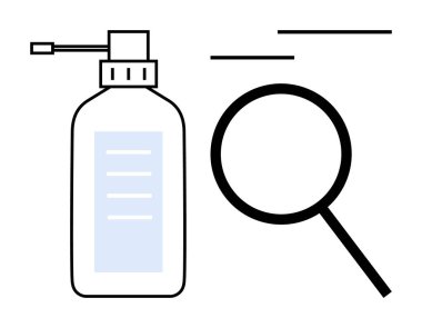 Dezenfektan şişesinin yanında büyüteç, hijyen, inceleme, güvenlik ve detaylı gözlem vurgusu. Sağlık, temizlik, araştırma, güvenlik, önleyici bakım denetimi için idealdir.