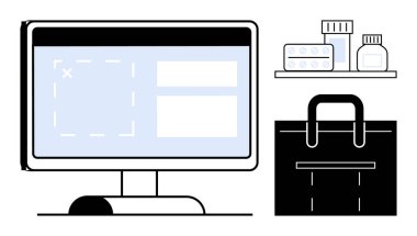 Masaüstü ekranında sipariş arayüzü, alışveriş çantası ve tıbbi ürünler görünüyor. Çevrimiçi alışveriş, dijital perakende satış, sağlık hizmetleri e-ticaret, ilaç siparişleri, eczane yönetimi, sanal
