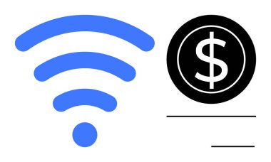Siyah bir madeni para sembolünün yanında mavi kablosuz sinyal. Bağlantı, teknoloji, finans, dijital ödemeler, çevrimiçi hizmetler, abonelik modelleri, telekomünikasyon için ideal. Basit bir düz metafor.