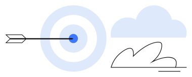 Mavi ok hedef çemberini bulutlar ve minimalist çizgilerle vuruyor, hassasiyeti, odaklanmayı, hedefi, başarıyı, görüşü, stratejiyi ve başarıyı sembolize ediyor. Basit düz metafor için ideal