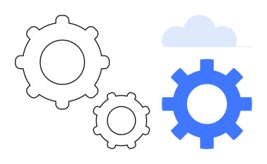 Çeşitli boyutlarda üç dişli çark işbirliği ve sistem süreçlerini gösteriyor. Bulut da bağlantıyı işaret ediyor. Takım çalışması, yenilik, bulut hesaplama, organizasyon ve işbirliği için ideal