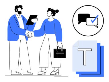 İki kişi el sıkışıyor, biri kontrat tutuyor, işaretli iletişim baloncukları ve metin belgeleri. Takım çalışması, anlaşma, mesajlaşma, işbirliği, ortaklık iş anlaşmaları için ideal