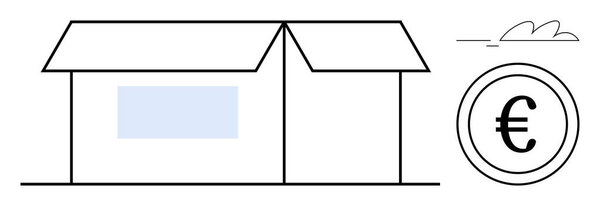 House with simple design paired with euro sign and cloud element. Ideal for real estate, property investment, housing market, financial growth, loan concepts, affordability, simple flat metaphor