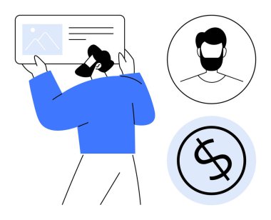 Görüntü ve metin içeren bir profil kartını analiz eden kişi, profil avatarı ve dolar işaretli bir finansal simge. Dijital kimlik, finans, kullanıcı yönetimi için ideal, ekonomi, iş dünyası, ağ