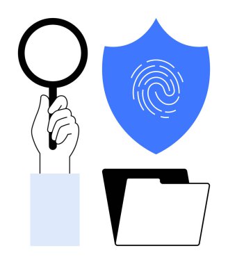 El ele tutuşan büyüteç, parmak izli mavi kalkan ve soruşturmayı, siber güvenliği ve bilgi korumasını vurgulayan açık klasör. Güvenlik, gizlilik, analiz ve uyum için ideal