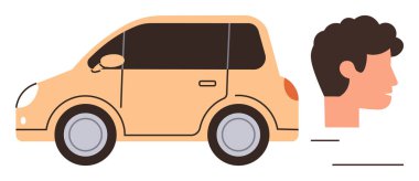 Erkek profili üzerinde ustalıkla özetlenmiş kompakt bir araba, araçları vurguluyor, gidip gelme, seyahat ve yenilik. Ulaşım, otomotiv, hareket kabiliyeti, servis mühendisliği yaşam tarzı için ideal