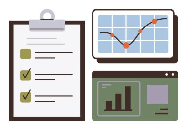 Kontrol listeli pano, yükselen eğilimli analitik grafikler, dijital paneldeki istatistikler. Üretkenlik, veri incelemesi, iş akışı, performans izleme, proje planlama, araştırma için ideal
