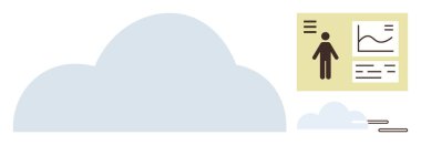 İnsan profili, veri ve grafiğini gösteren bir panelin yanında büyük bir bulut şekli var. Veri depolama, teknoloji, analitik, İnternet, güvenlik, ağ organizasyonu için ideal basit düz metafor